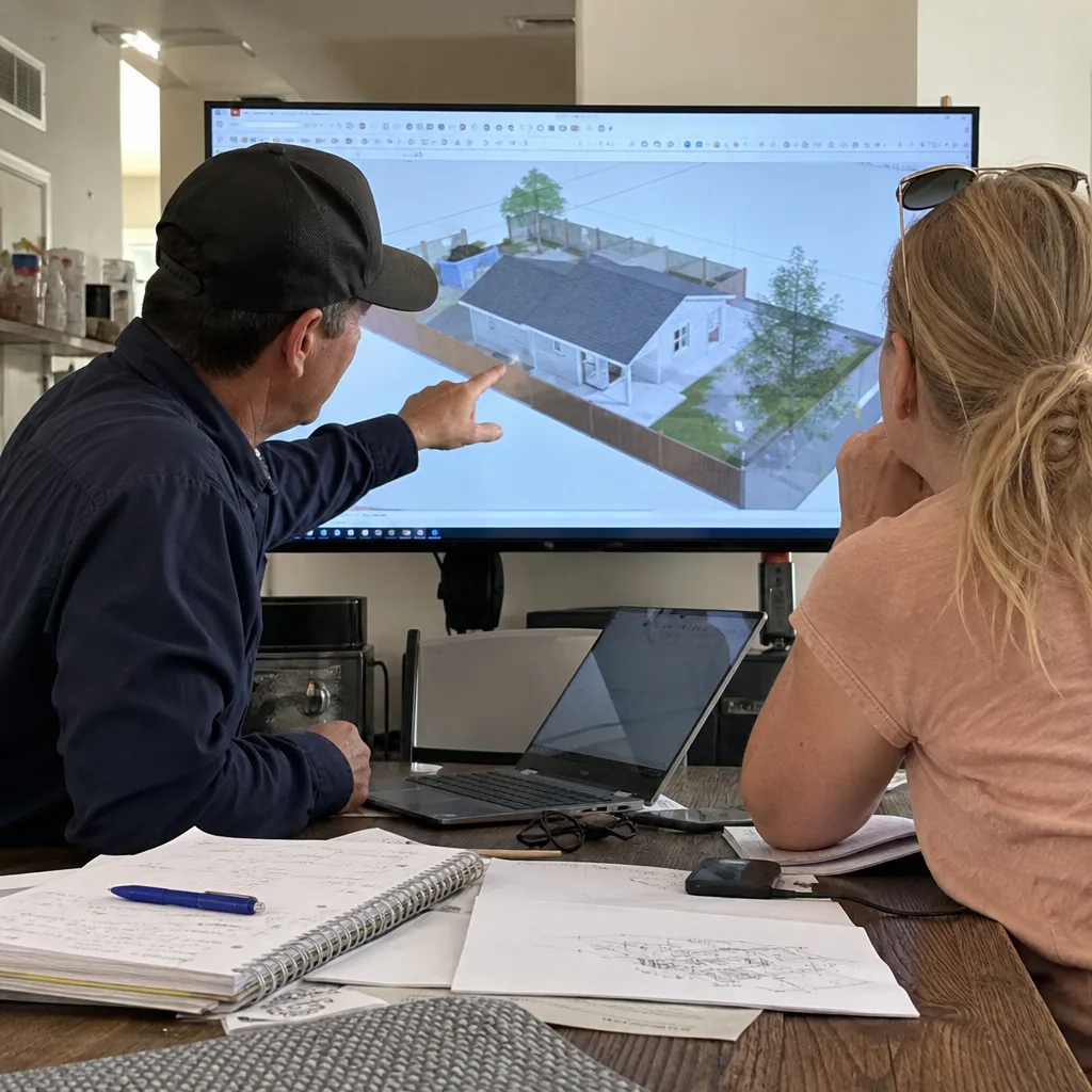 Contractor and client reviewing 3D ADU design and permitting plans