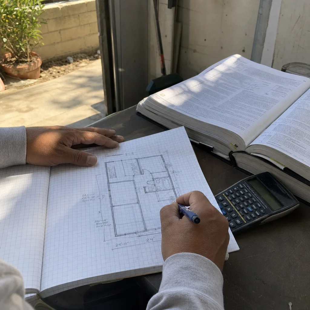 Architect designing an accessory dwelling unit floor plan with blueprints and calculator.