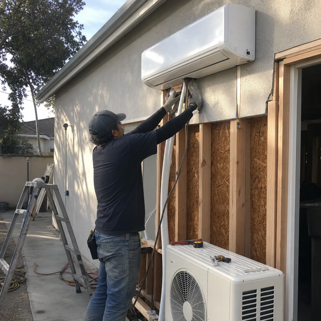 Professional contractor installing a mini-split air conditioner during an ADU garage conversion.