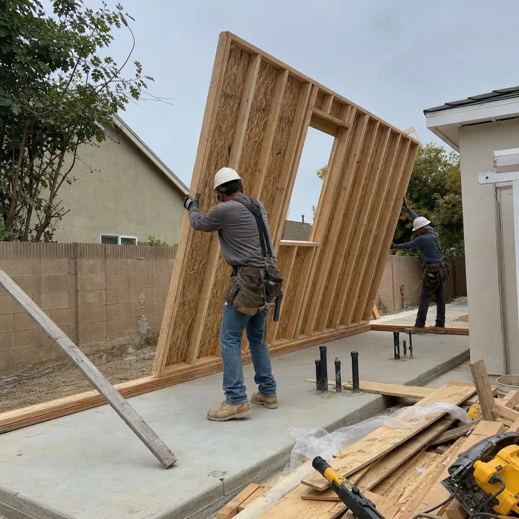 Construction workers installing a pre-framed wood wall for a new detached ADU.