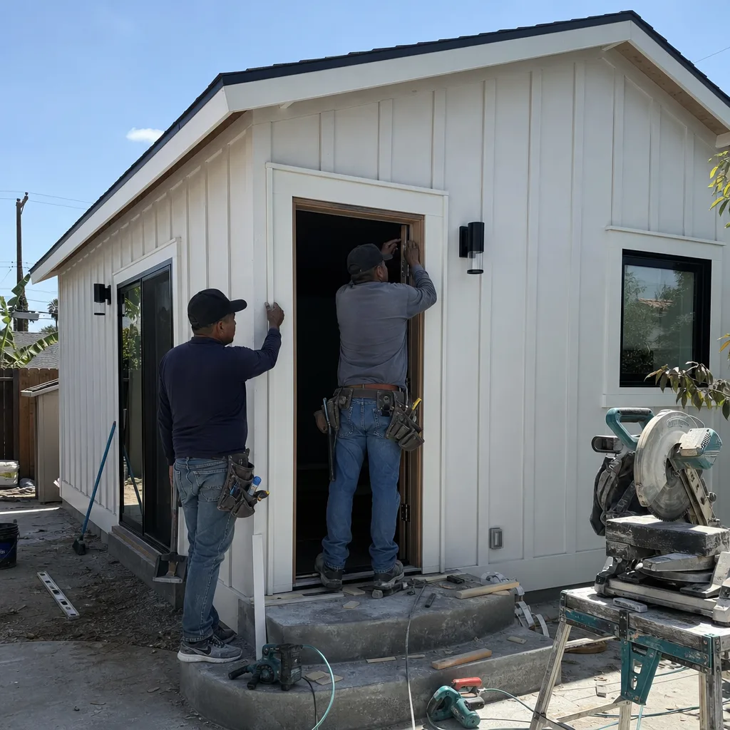 Two construction workers installing a door frame on a modern backyard ADU.