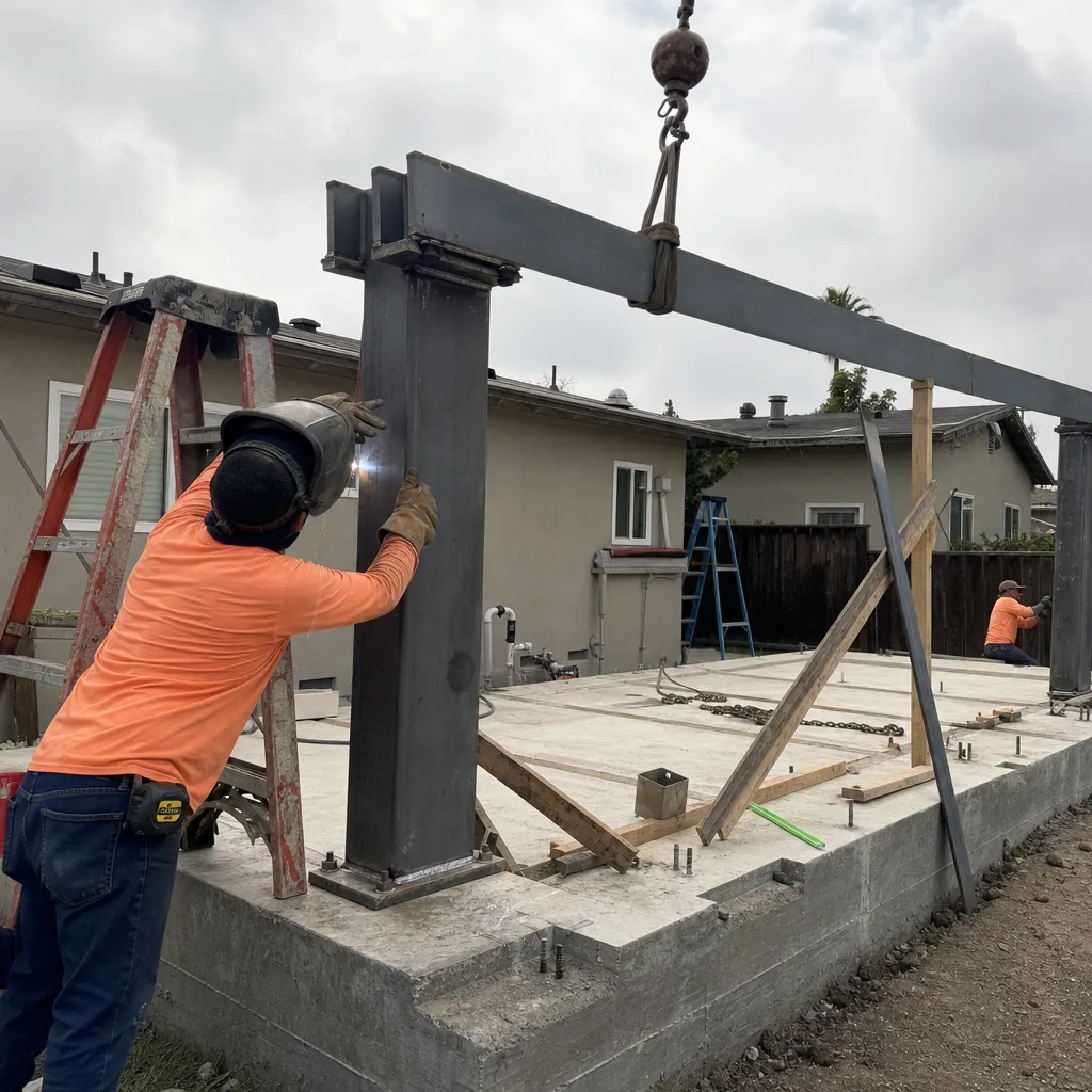Construction professional welding structural steel beams for a new detached ADU